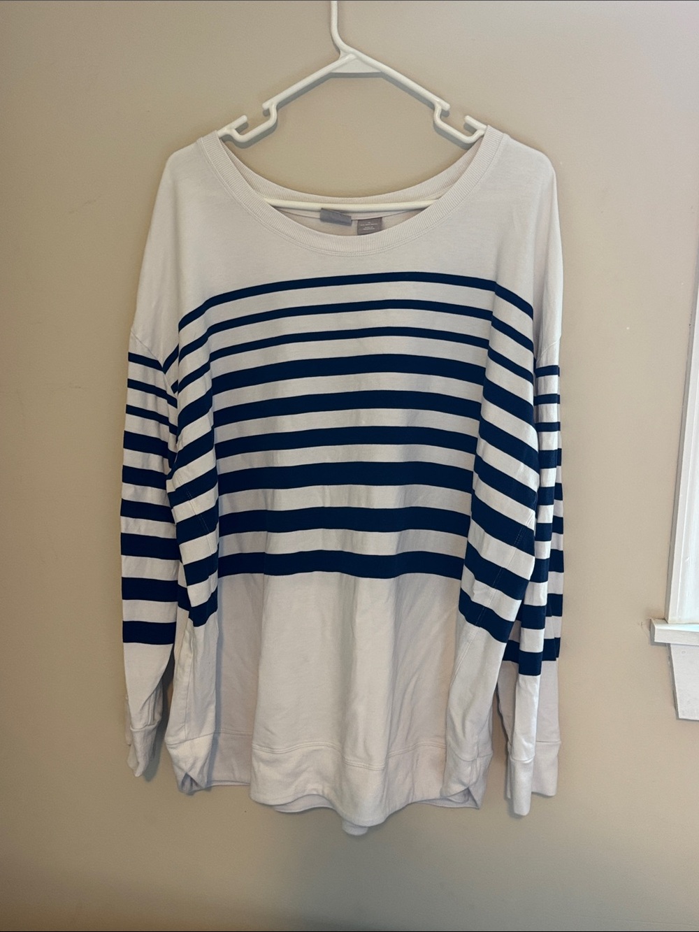 Chico's White & Navy Striped Boatneck Pullover